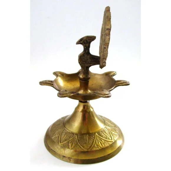 Vintage Brass Peacock Bird Shape Religious Wick Oil Lamp - Diya Aarti Home Décor - Picture 2 of 16